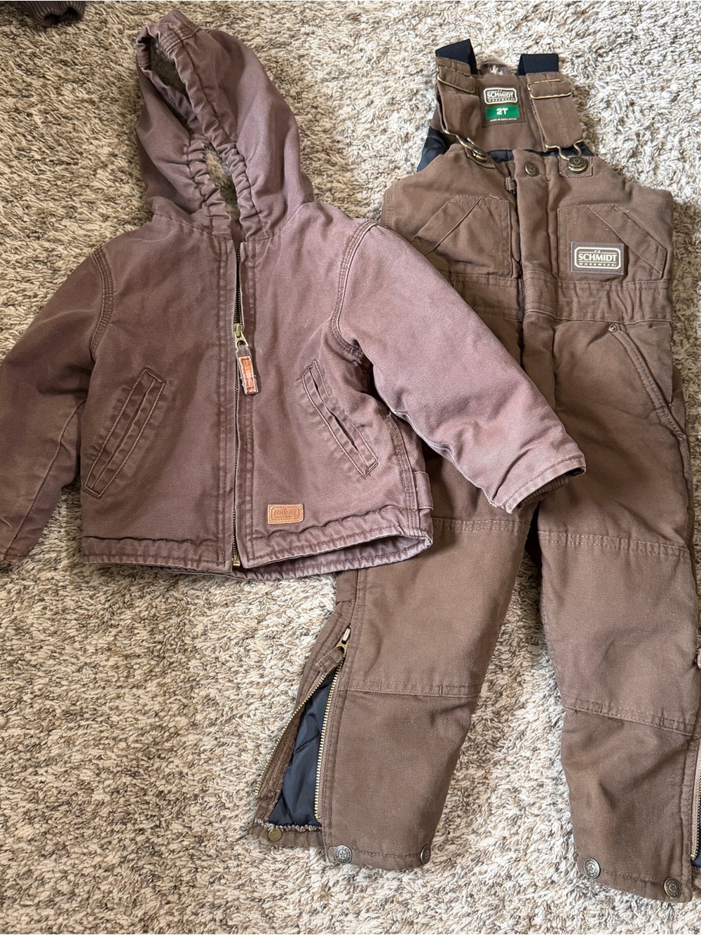 CE Schmidt Workwear Toddler 2T Brown Sherpa Hooded Coat & Insulated Bib Overall